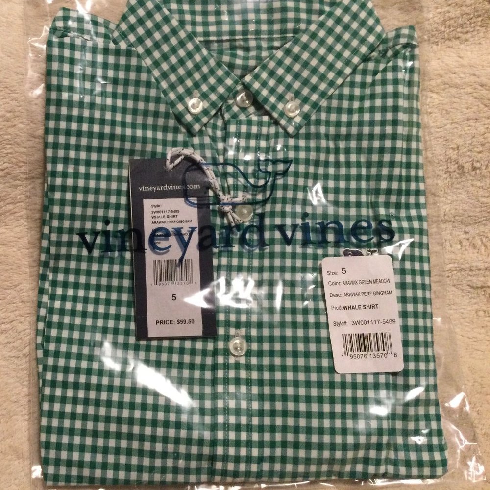 Vineyard Vines Shirt White Green Button-Down Gingham Performance Boy's Size 5